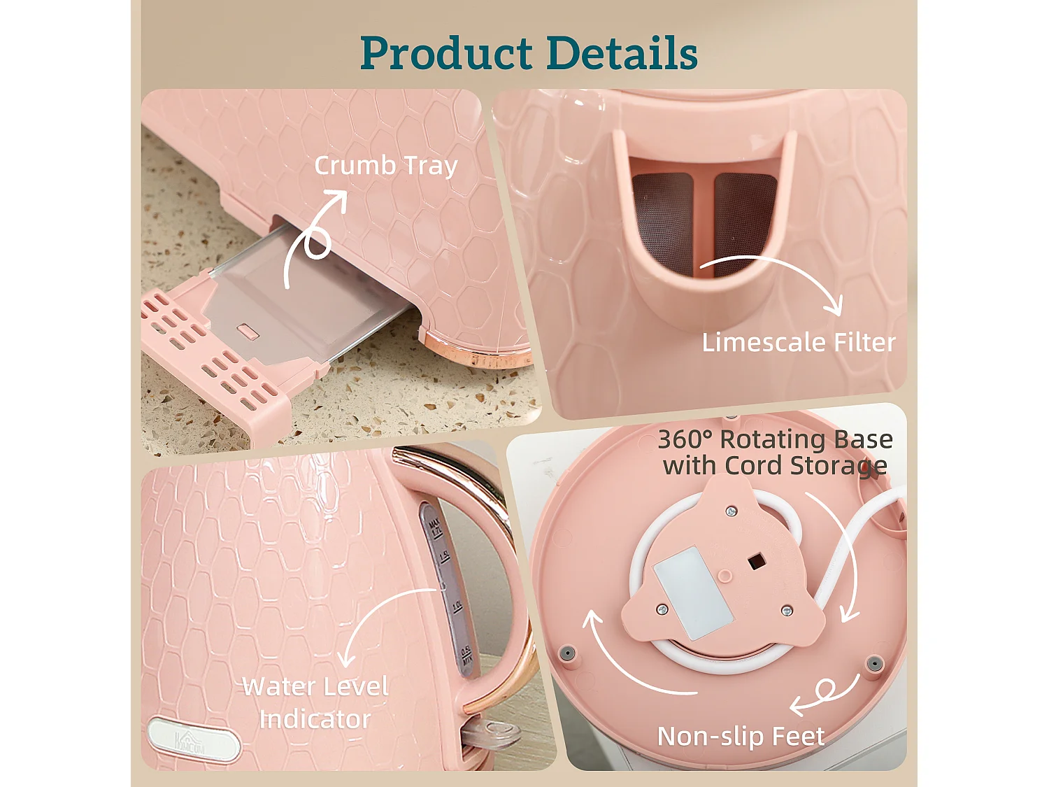HOMCOM Kettle and Toaster Set 1.7L Kettle & 2 Slice Toaster Set, Light Pink