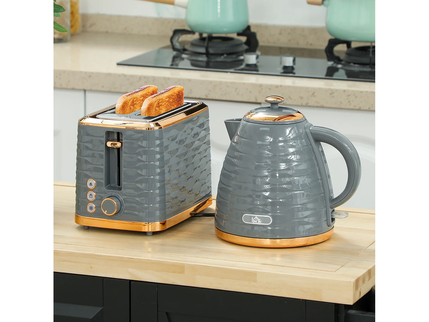 HOMCOM Kettle and Toaster Set 1.7L Rapid Boil Kettle & 2 Slice Toaster Grey