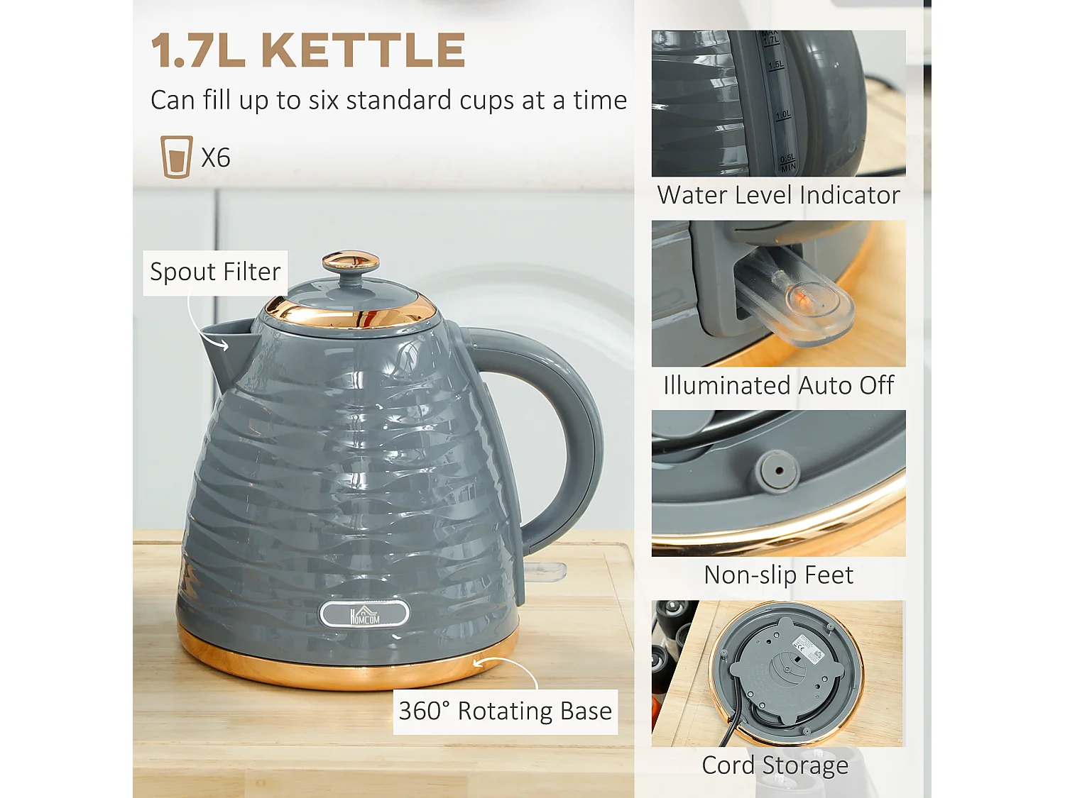 HOMCOM Kettle and Toaster Set 1.7L Rapid Boil Kettle & 2 Slice Toaster Grey