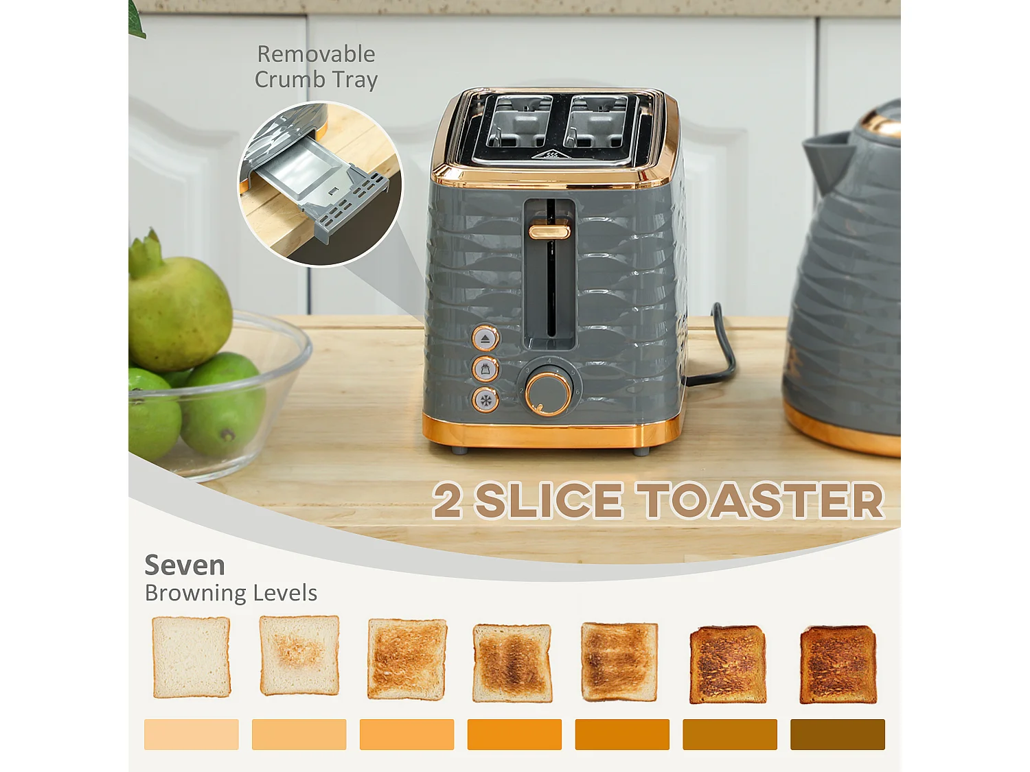 HOMCOM Kettle and Toaster Set 1.7L Rapid Boil Kettle & 2 Slice Toaster Grey