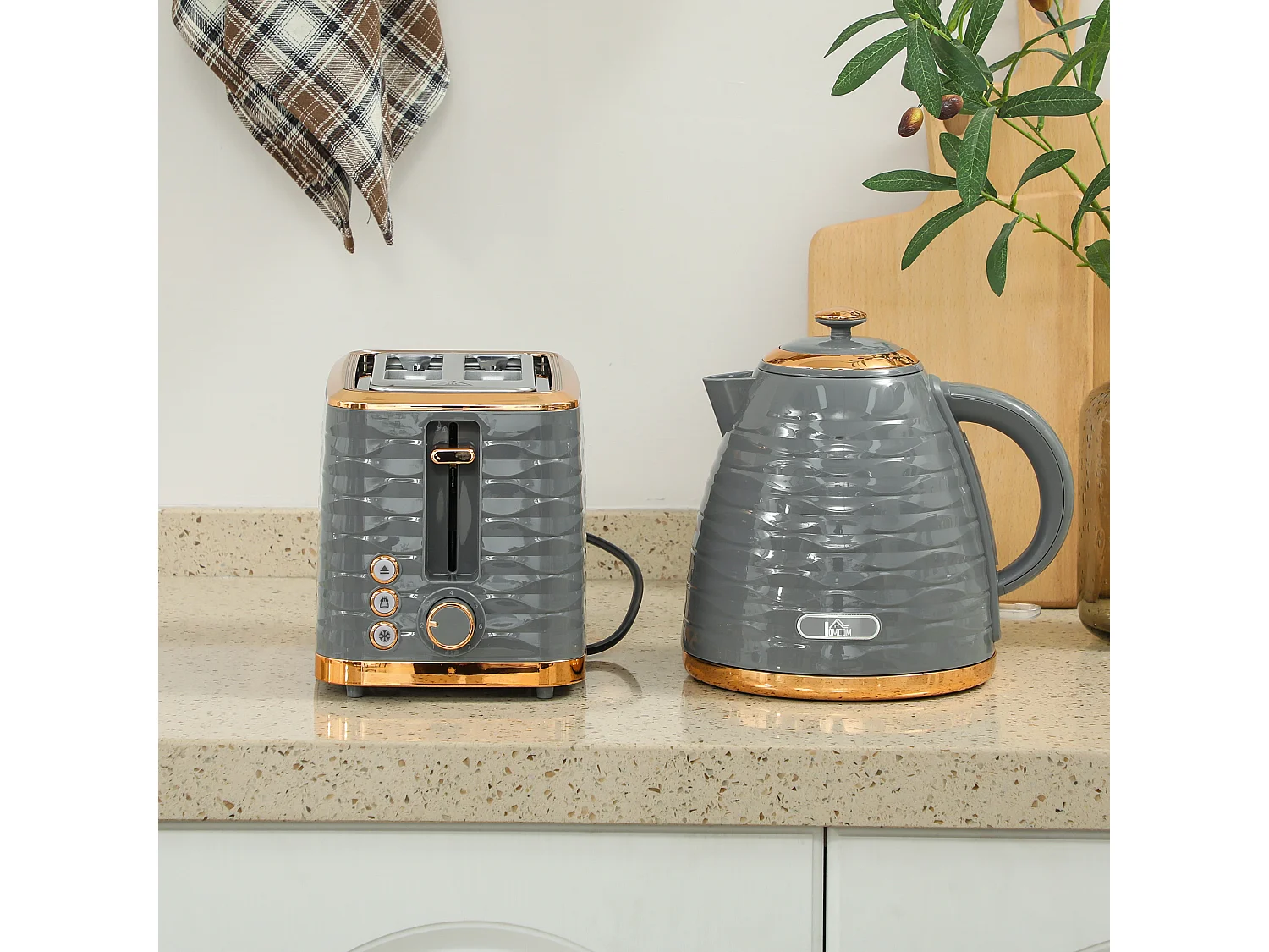 HOMCOM Kettle and Toaster Set 1.7L Rapid Boil Kettle & 2 Slice Toaster Grey