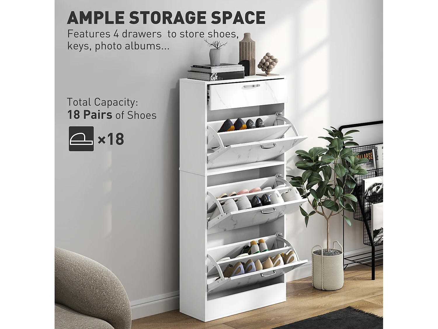 HOMCOM Shoe Cabinet w/ 4 Drawers Shoe Storage Organiser for 18 Pairs Black