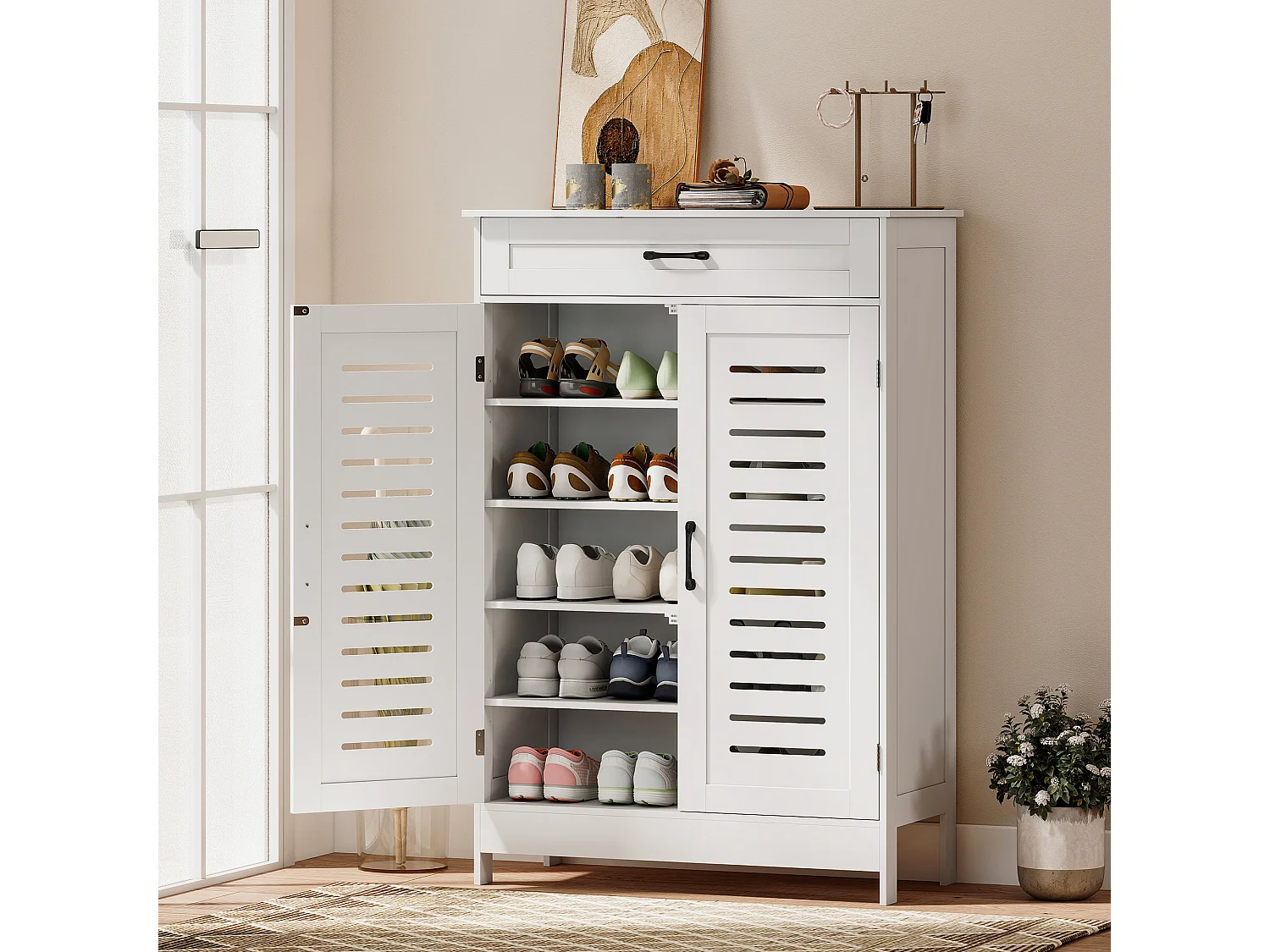 HOMCOM Modern Shoe Storage Cabinet with Louvered Doors and Drawer, White