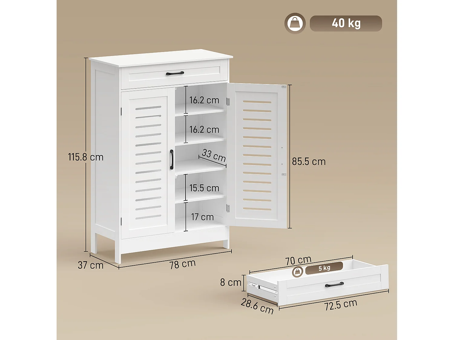 HOMCOM Modern Shoe Storage Cabinet with Louvered Doors and Drawer, White