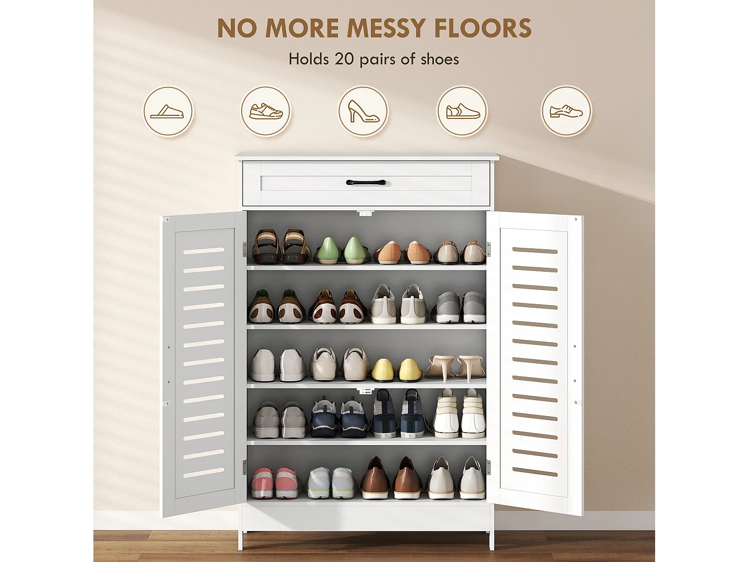 HOMCOM Modern Shoe Storage Cabinet with Louvered Doors and Drawer, White