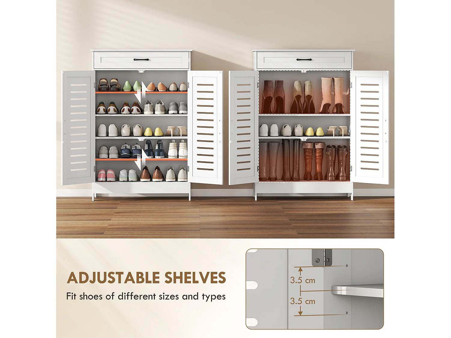 HOMCOM Modern Shoe Storage Cabinet with Louvered Doors and Drawer, White