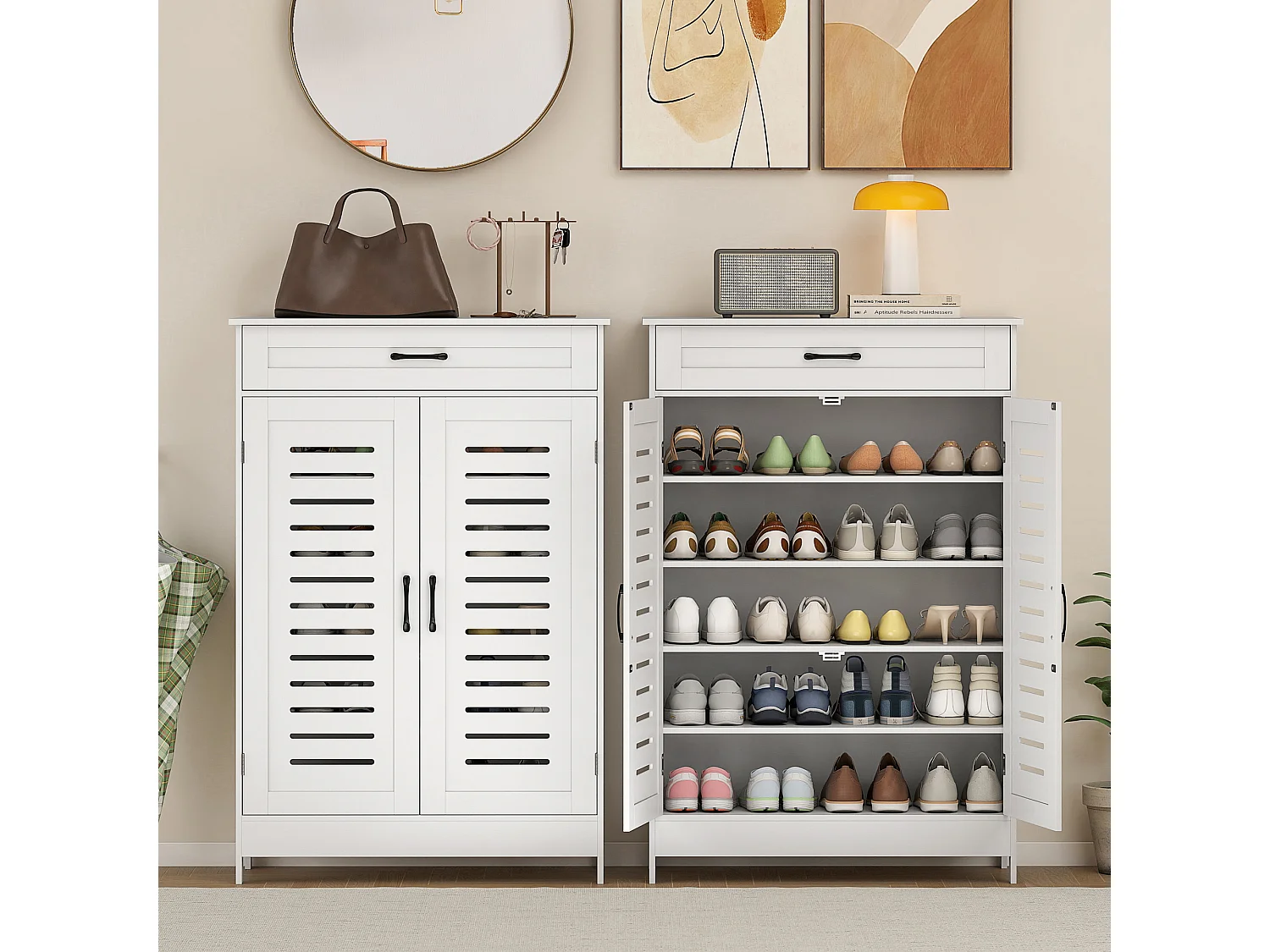 HOMCOM Modern Shoe Storage Cabinet with Louvered Doors and Drawer, White