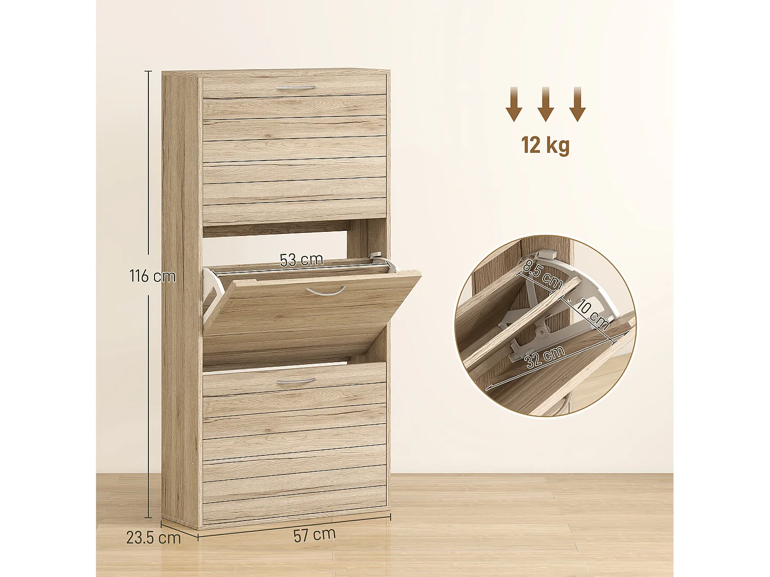 HOMCOM Slim Shoe Storage Cabinet with 3 Flip Drawers, Oak Wood Grain