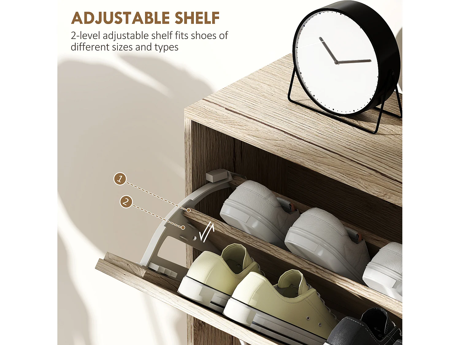 HOMCOM Slim Shoe Storage Cabinet with 3 Flip Drawers, Oak Wood Grain