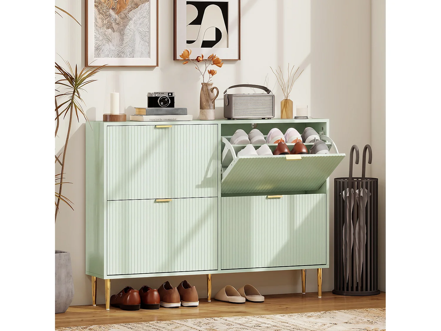 HOMCOM Slim Shoe Storage Cabinet with 4 Flip Drawers for Hallway, Light Green