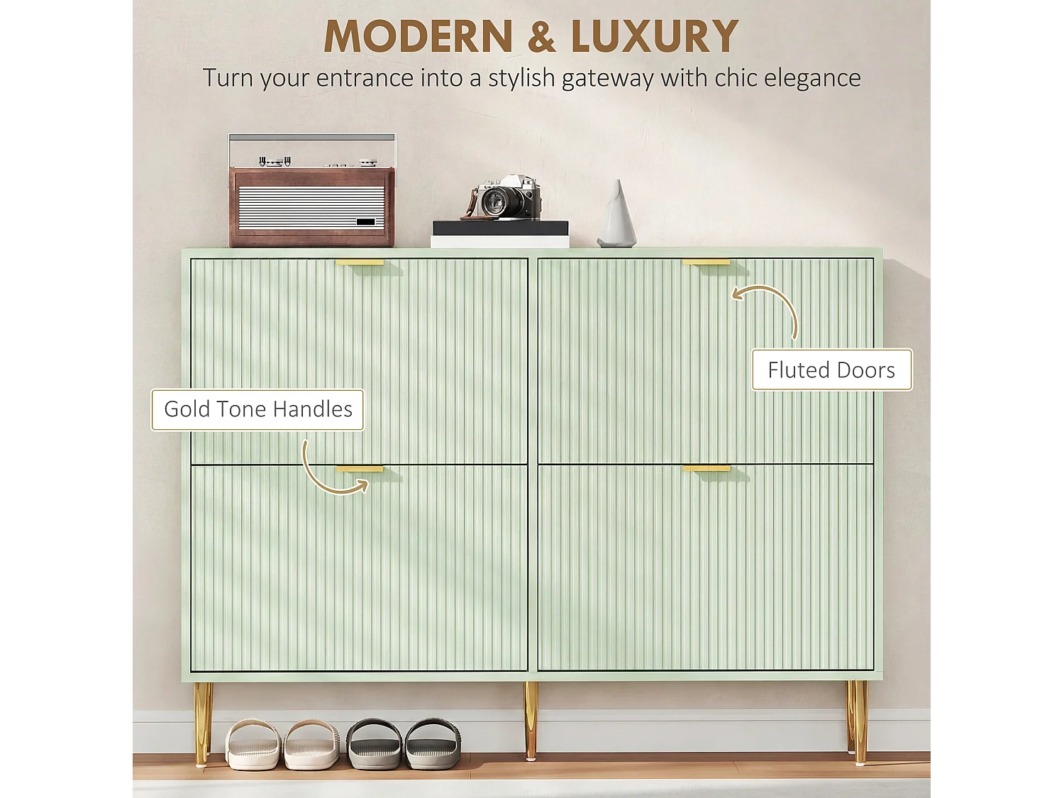HOMCOM Slim Shoe Storage Cabinet with 4 Flip Drawers for Hallway, Light Green
