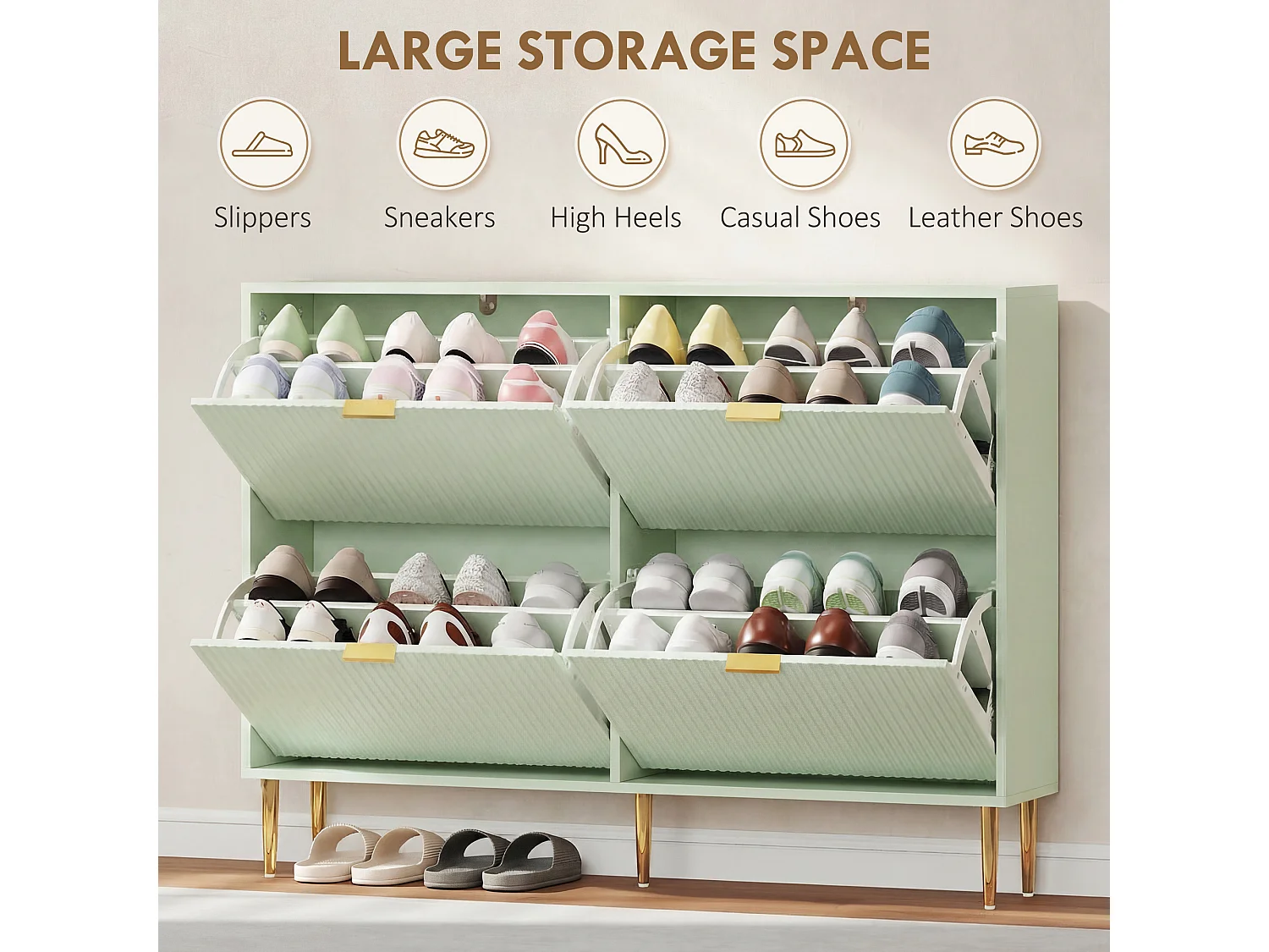 HOMCOM Slim Shoe Storage Cabinet with 4 Flip Drawers for Hallway, Light Green