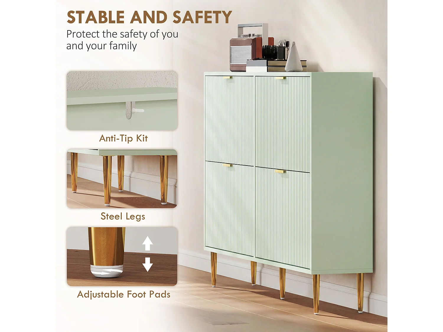 HOMCOM Slim Shoe Storage Cabinet with 4 Flip Drawers for Hallway, Light Green