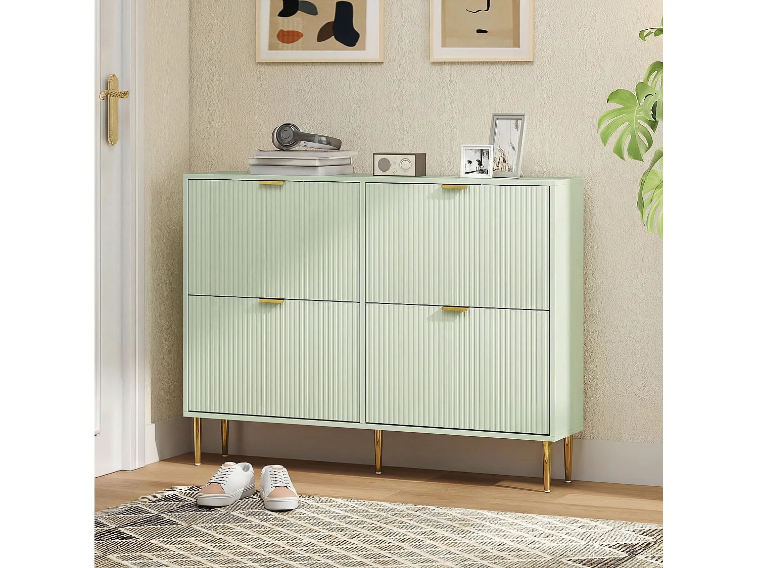 HOMCOM Slim Shoe Storage Cabinet with 4 Flip Drawers for Hallway, Light Green