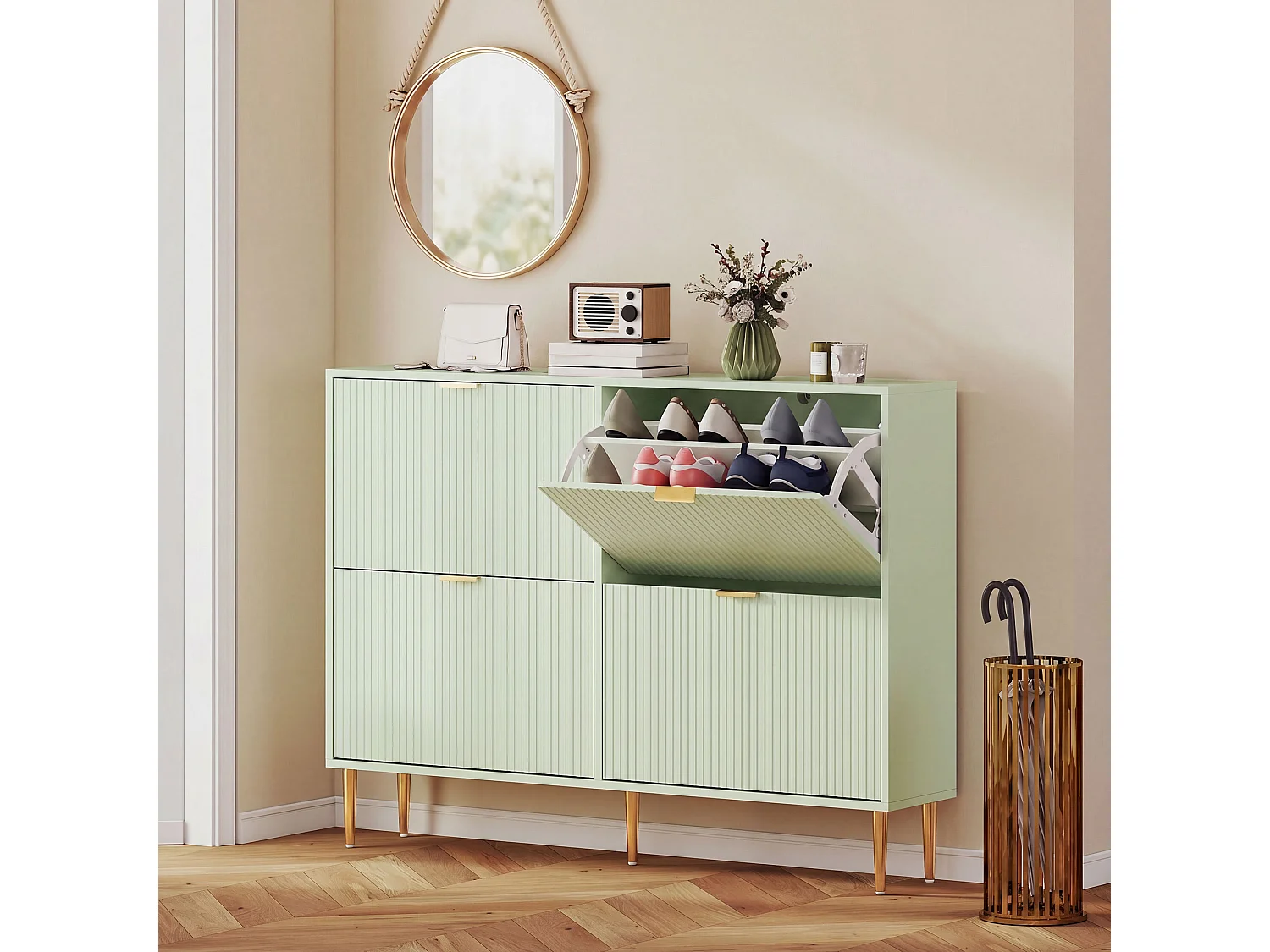 HOMCOM Slim Shoe Storage Cabinet with 4 Flip Drawers for Hallway, Light Green