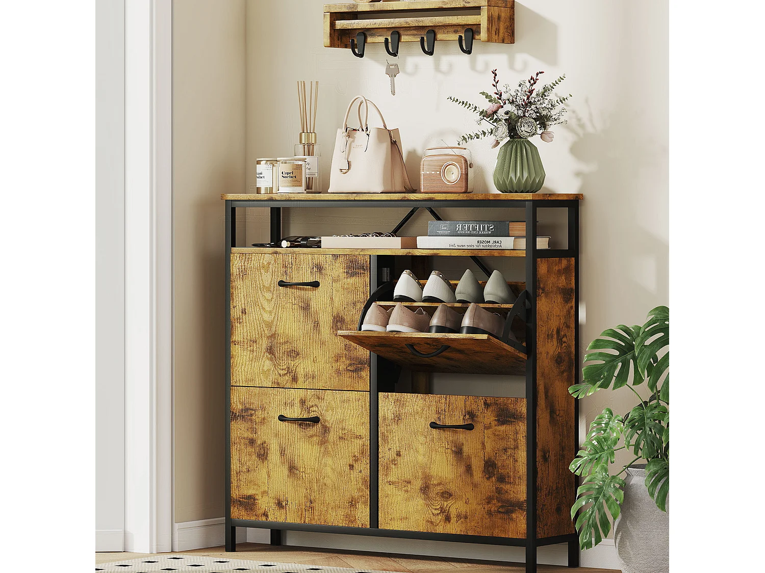 HOMCOM Shoe Cabinet with 4 Flip Drawers, Holds 12-20 Pairs, Rustic Brown