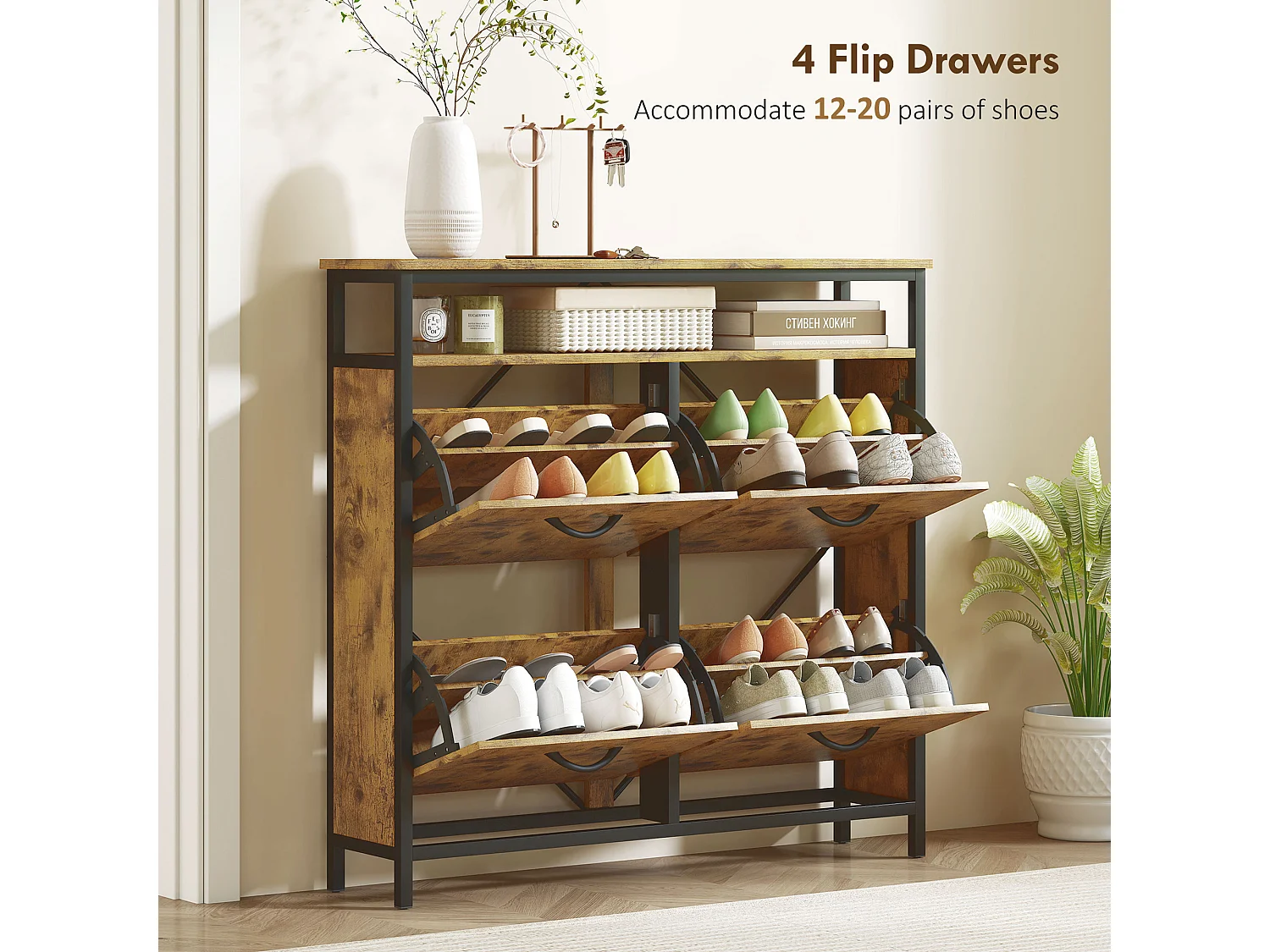 HOMCOM Shoe Cabinet with 4 Flip Drawers, Holds 12-20 Pairs, Rustic Brown