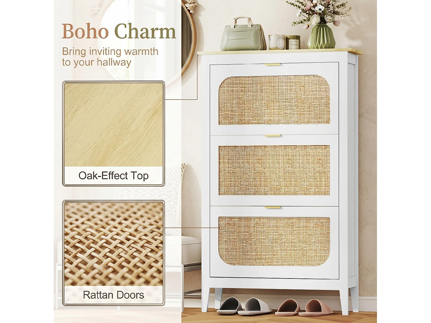 HOMCOM Boho Slim Shoe Cabinet with Rattan Doors, Holds 21 Pairs, White