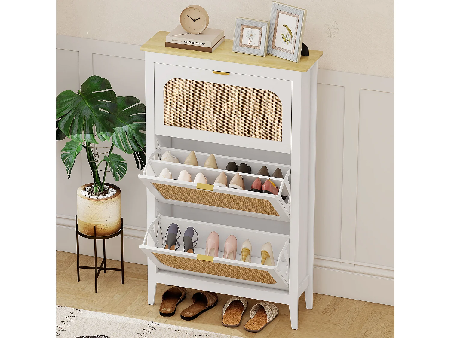 HOMCOM Boho Slim Shoe Cabinet with Rattan Doors, Holds 21 Pairs, White