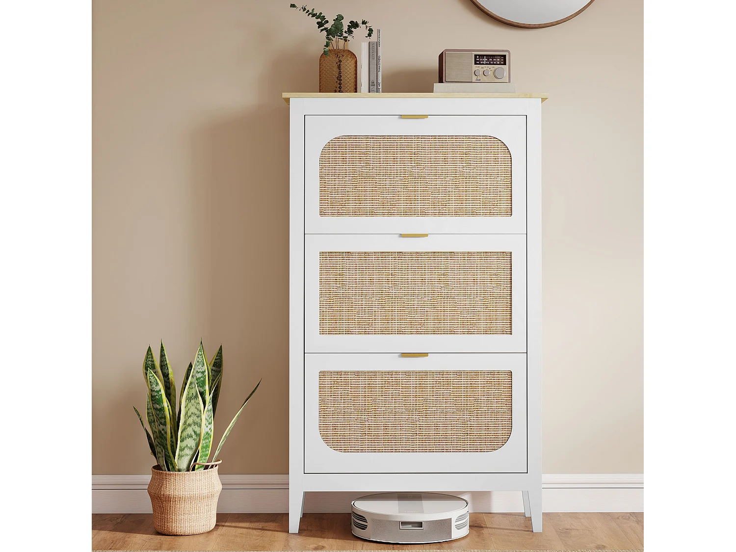 HOMCOM Boho Slim Shoe Cabinet with Rattan Doors, Holds 21 Pairs, White