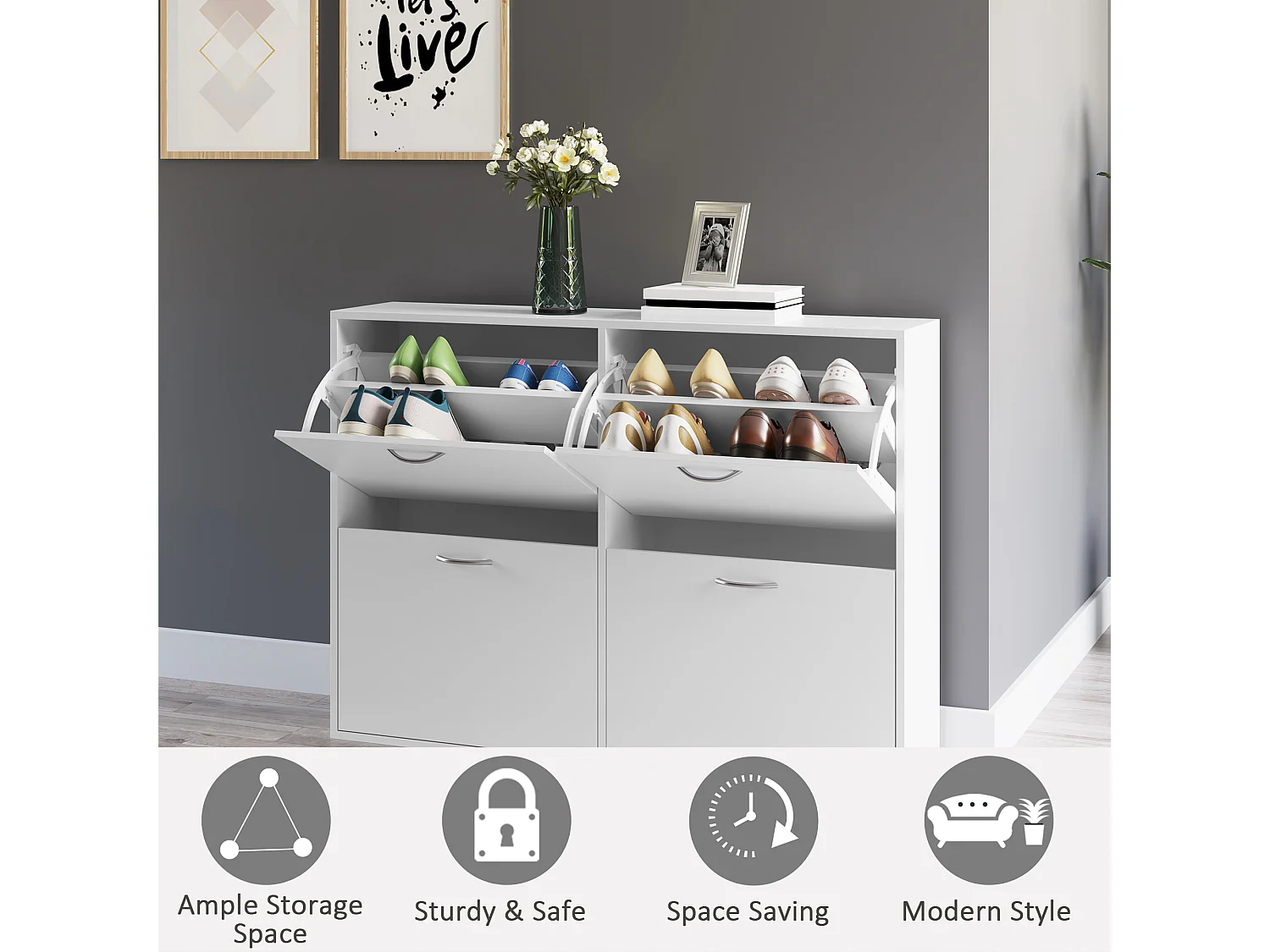 HOMCOM Wooden Shoes Cabinet Multi Flip Down Shelf Drawer Organizer - White