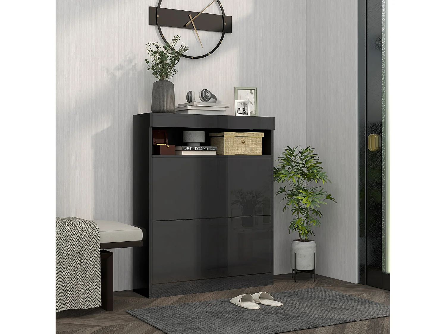 HOMCOM Wall Mounted or Freestanding Shoe Cabinet with 2 Flip Drawers, Black