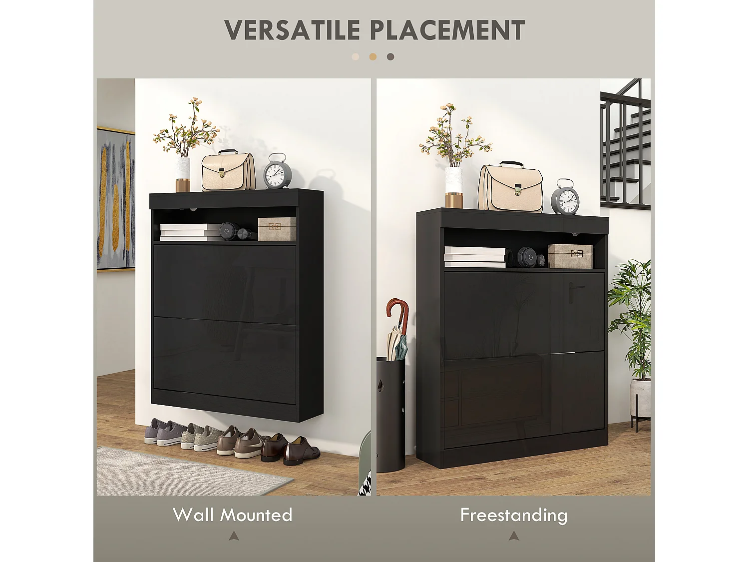 HOMCOM Wall Mounted or Freestanding Shoe Cabinet with 2 Flip Drawers, Black
