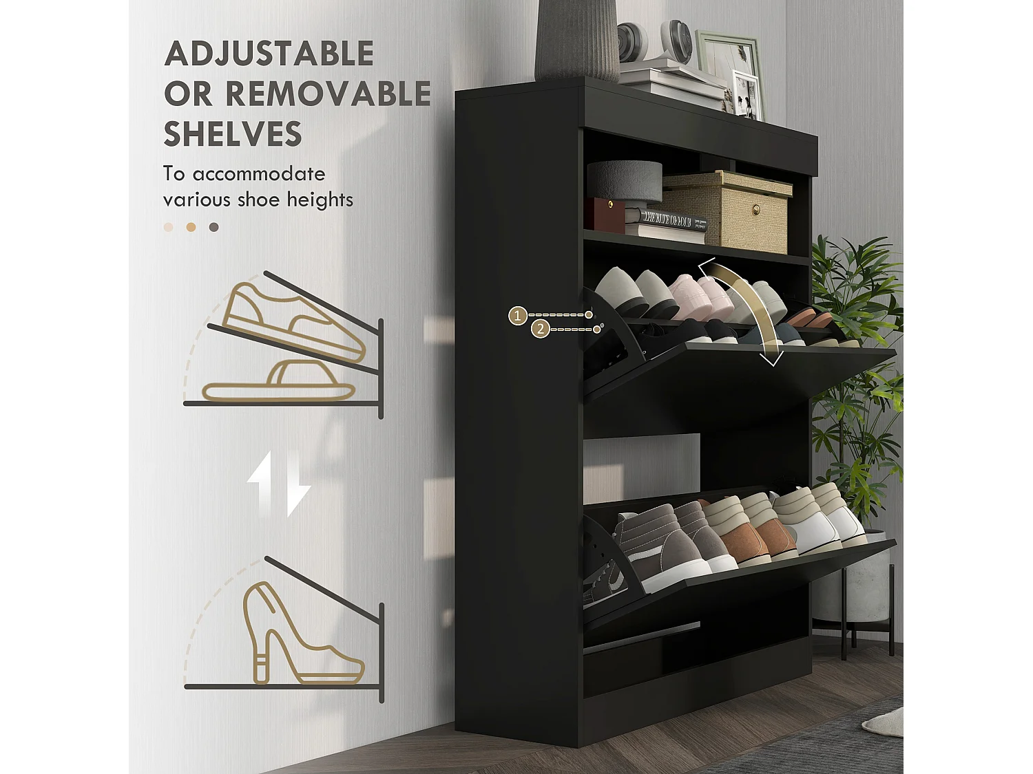 HOMCOM Wall Mounted or Freestanding Shoe Cabinet with 2 Flip Drawers, Black