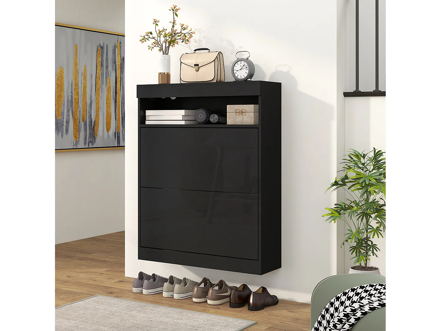 HOMCOM Wall Mounted or Freestanding Shoe Cabinet with 2 Flip Drawers, Black