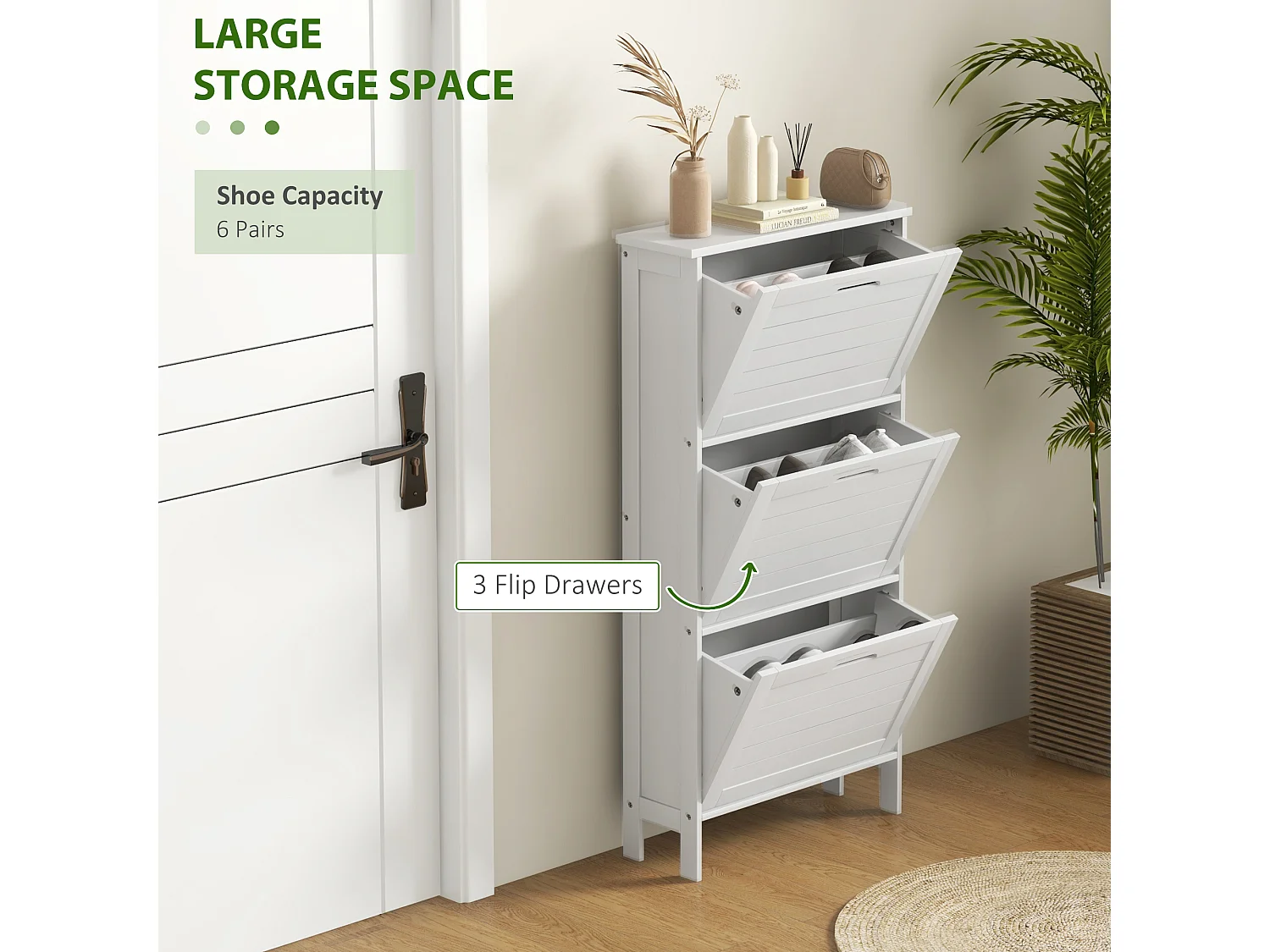 HOMCOM Narrow Shoe Storage Cabinet with 3 Flip Drawers, White