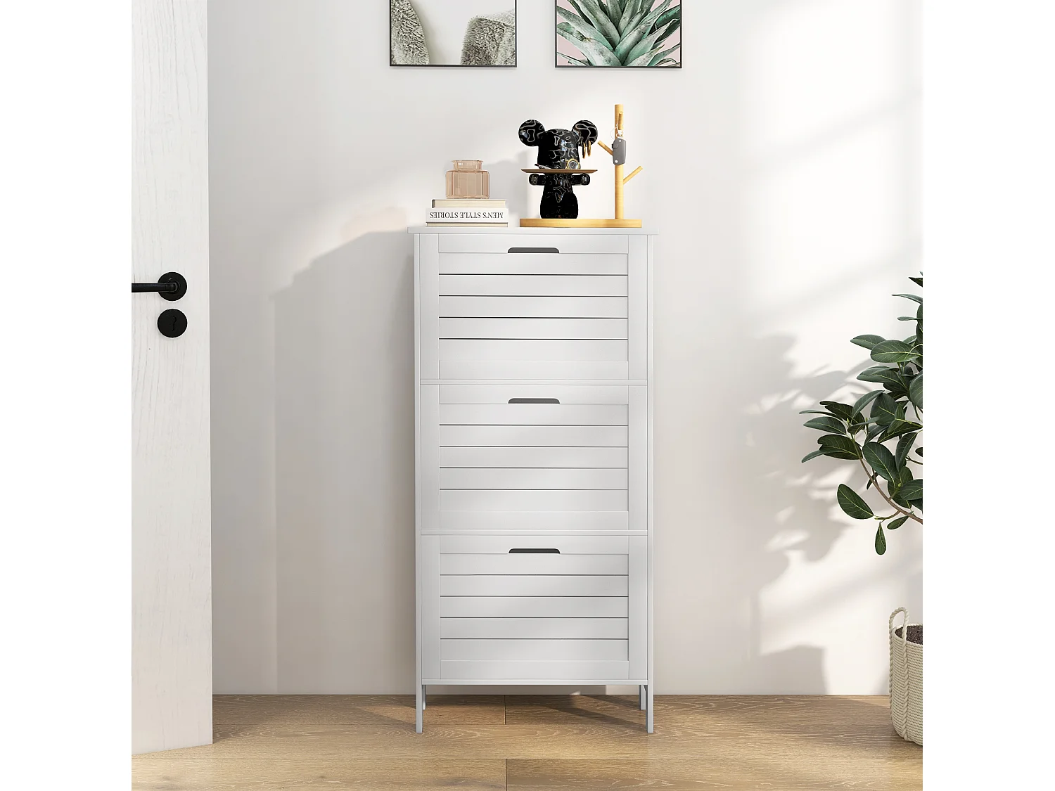 HOMCOM Narrow Shoe Storage Cabinet with 3 Flip Drawers, White