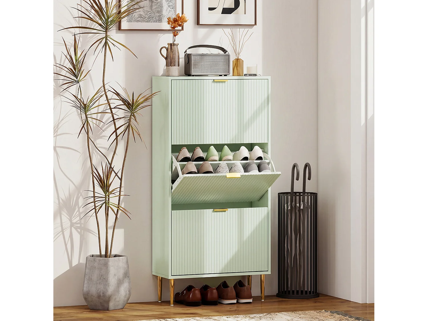 HOMCOM Slim Shoe Storage Cabinet with 3 Flip Drawers for Hallway, Light Green