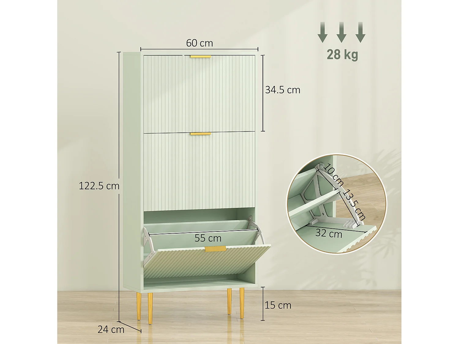 HOMCOM Slim Shoe Storage Cabinet with 3 Flip Drawers for Hallway, Light Green