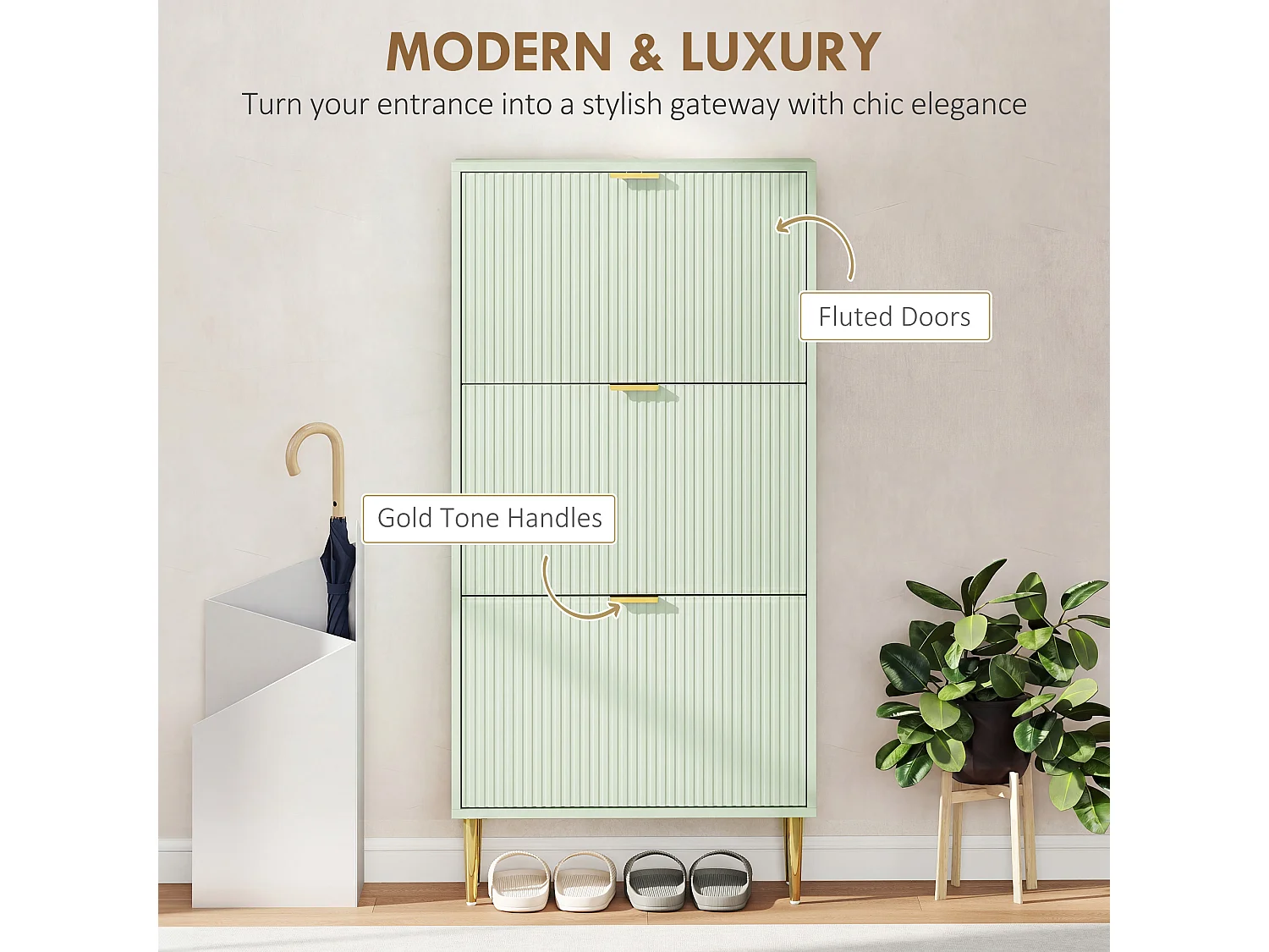 HOMCOM Slim Shoe Storage Cabinet with 3 Flip Drawers for Hallway, Light Green