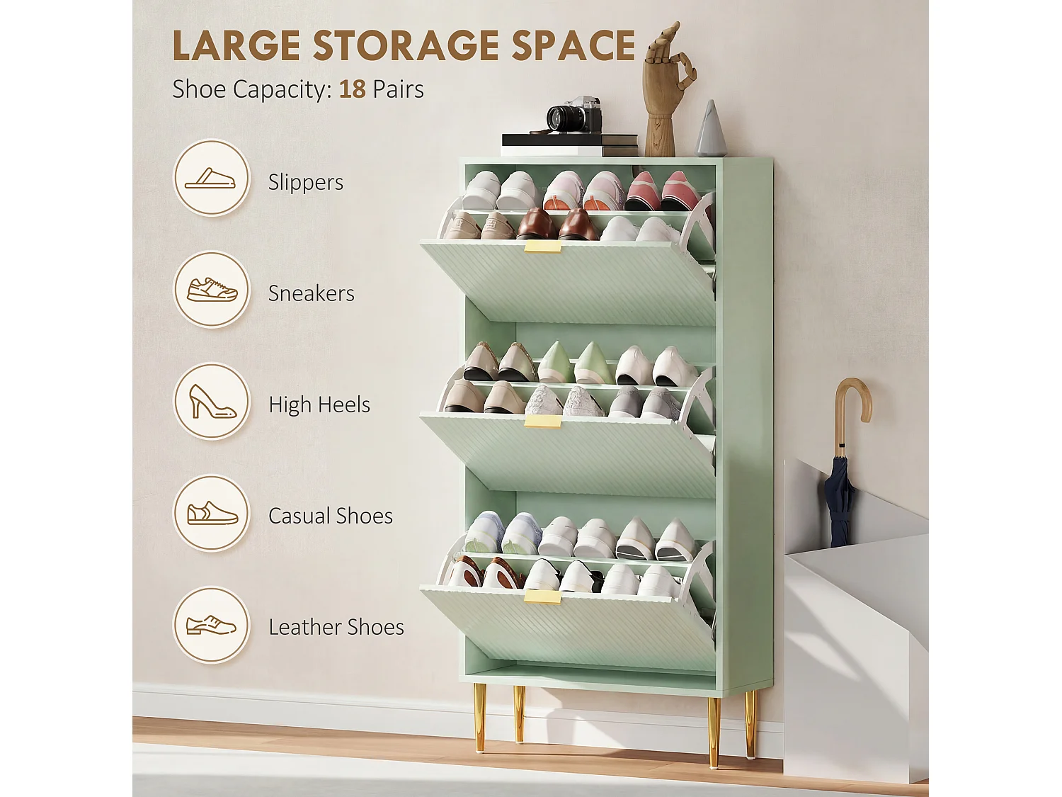HOMCOM Slim Shoe Storage Cabinet with 3 Flip Drawers for Hallway, Light Green