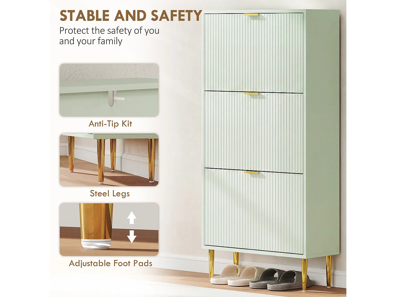 HOMCOM Slim Shoe Storage Cabinet with 3 Flip Drawers for Hallway, Light Green