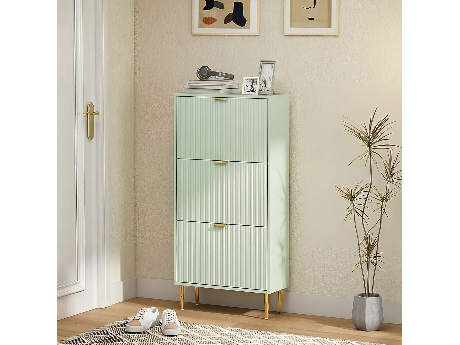 HOMCOM Slim Shoe Storage Cabinet with 3 Flip Drawers for Hallway, Light Green