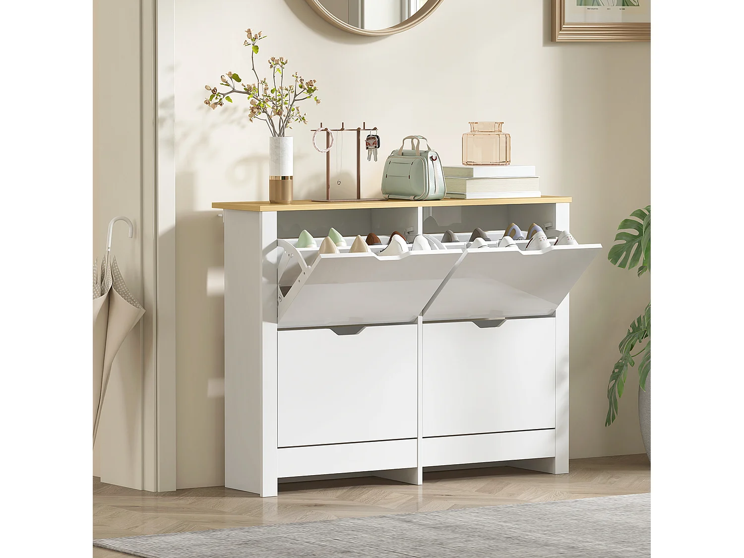 HOMCOM 16-Shoe Storage Cabinet 4 Shelves 4 Drawers Tabletop White