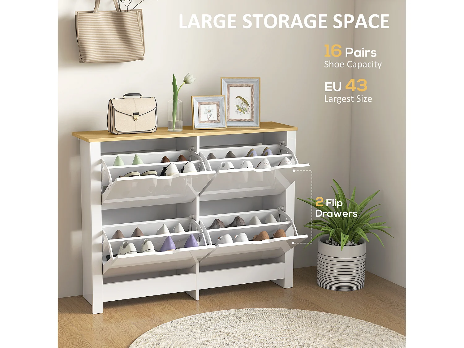 HOMCOM 16-Shoe Storage Cabinet 4 Shelves 4 Drawers Tabletop White