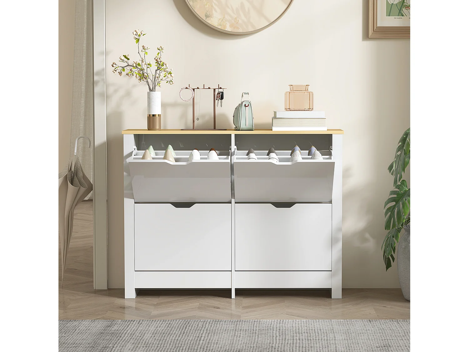 HOMCOM 16-Shoe Storage Cabinet 4 Shelves 4 Drawers Tabletop White