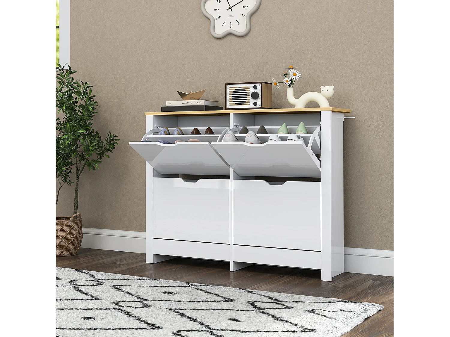 HOMCOM 16-Shoe Storage Cabinet 4 Shelves 4 Drawers Tabletop White