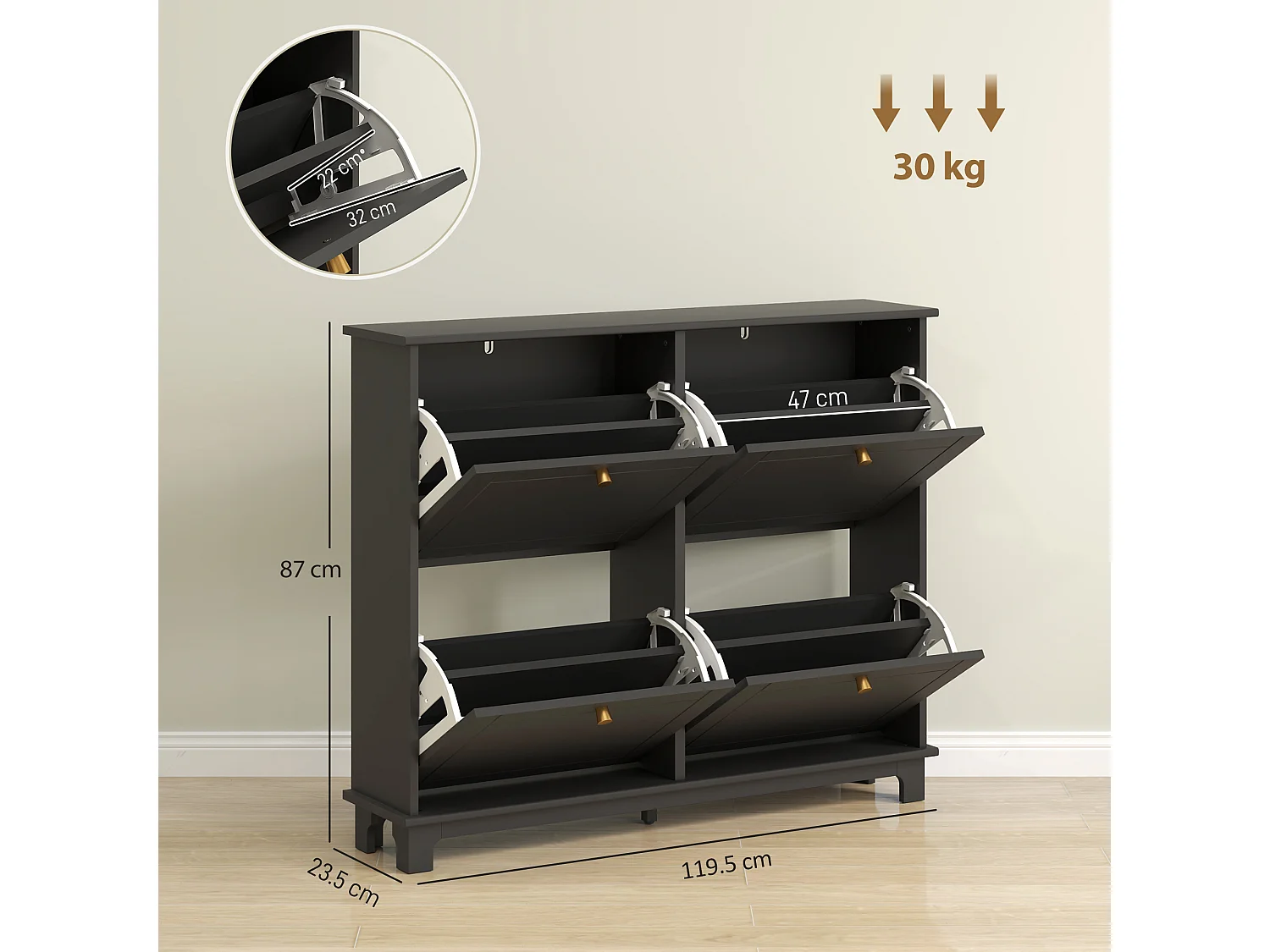 HOMCOM Narrow Shoe Cabinet with 4 Flip Drawers Adjustable Shelves, Black