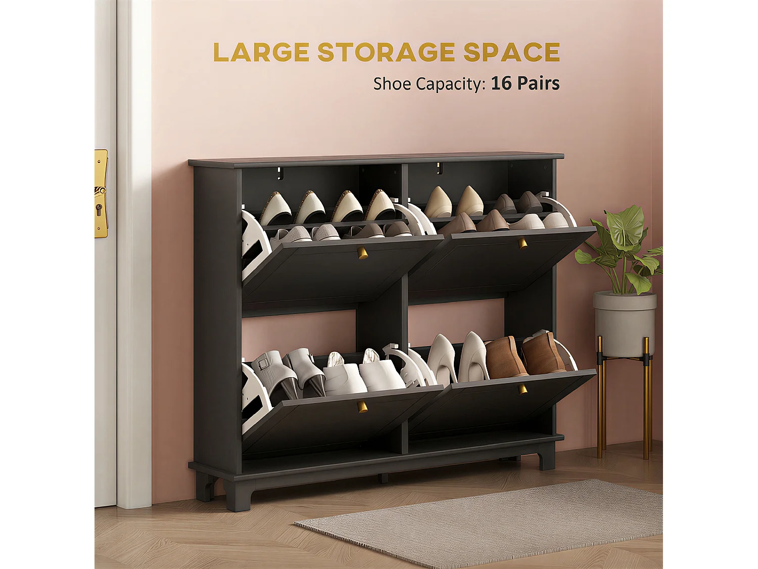 HOMCOM Narrow Shoe Cabinet with 4 Flip Drawers Adjustable Shelves, Black