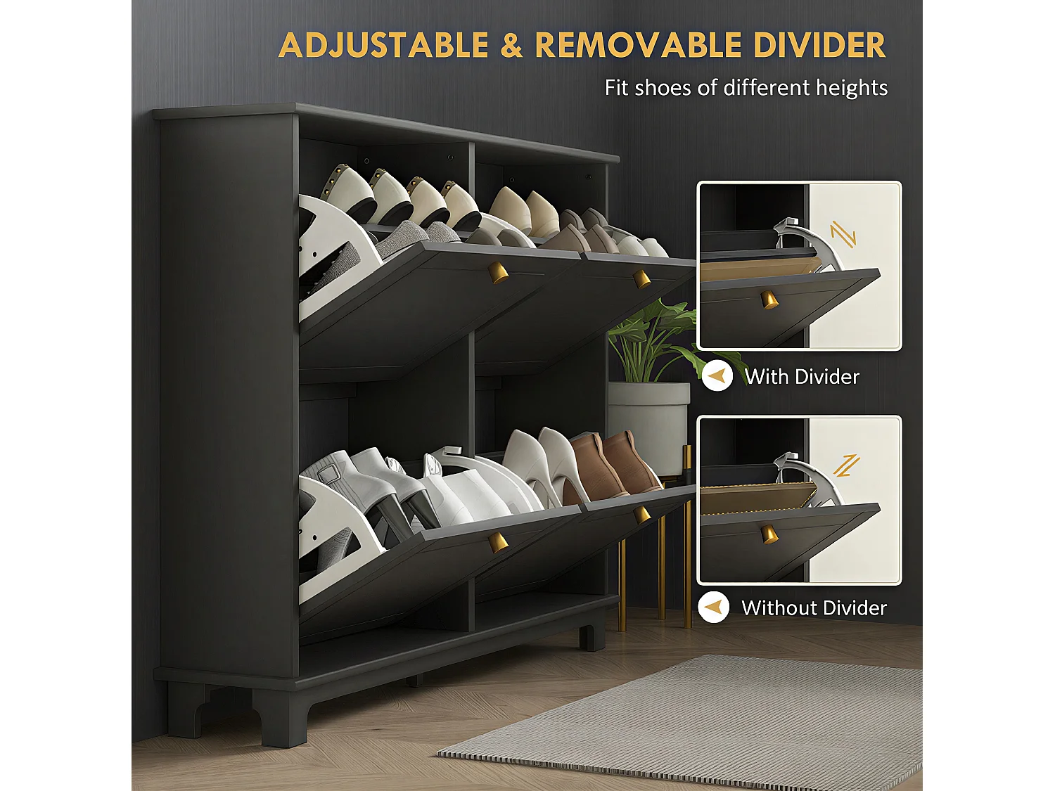 HOMCOM Narrow Shoe Cabinet with 4 Flip Drawers Adjustable Shelves, Black