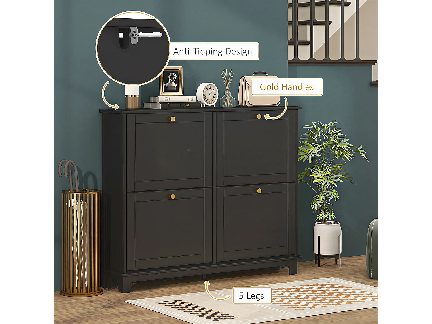 HOMCOM Narrow Shoe Cabinet with 4 Flip Drawers Adjustable Shelves, Black