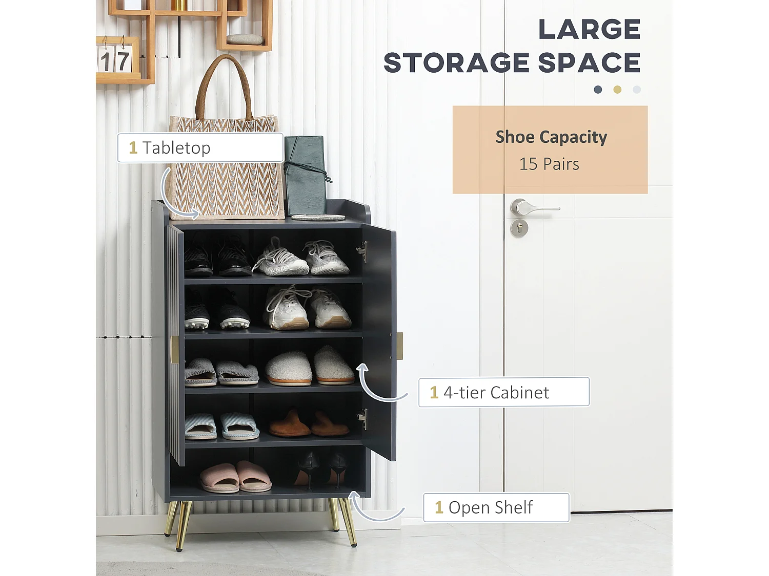 HOMCOM Shoe Storage Cabinet with Beadboard Doors for 15 Pairs of Shoes, Grey