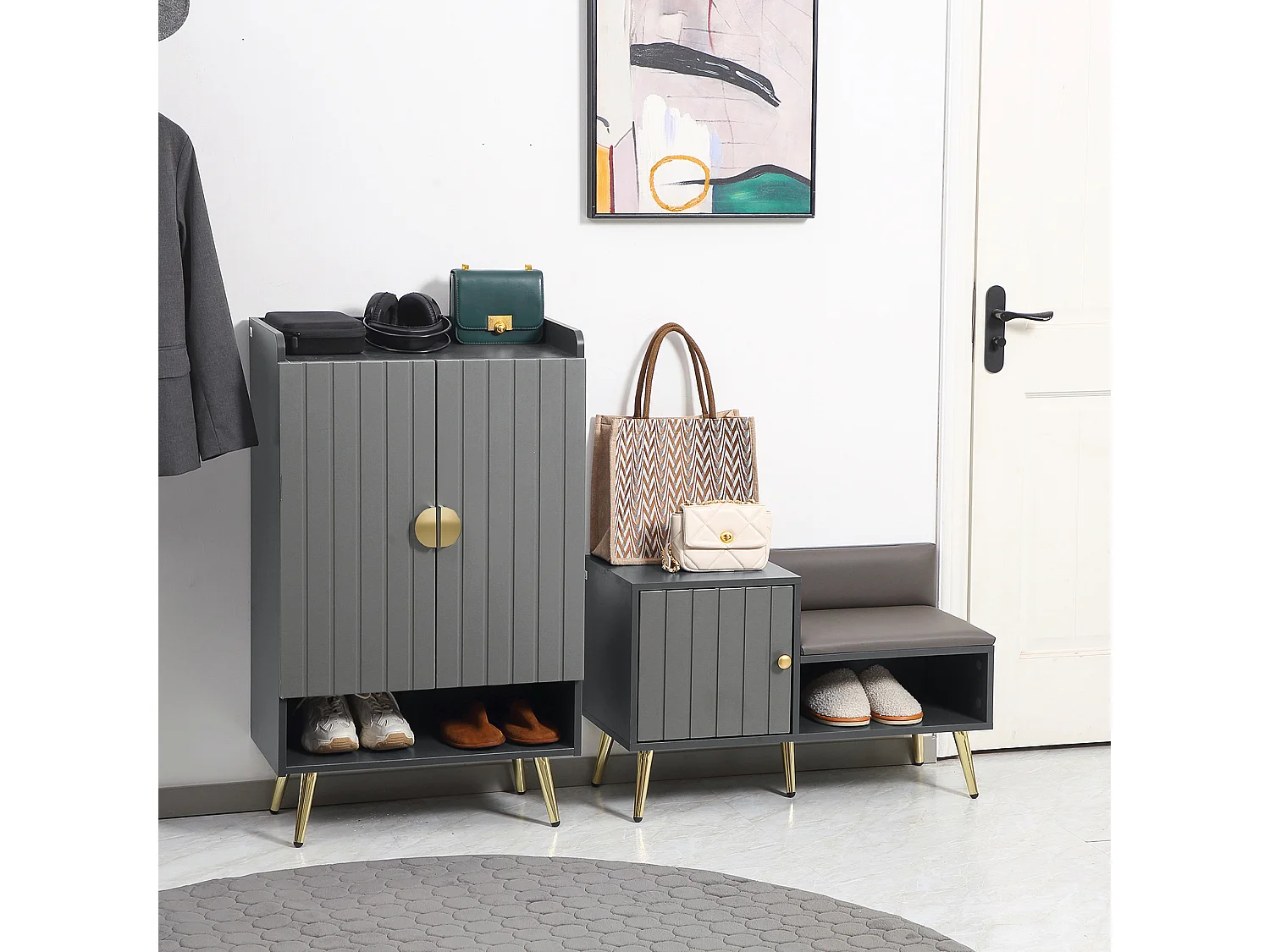 HOMCOM Shoe Storage Cabinet with Beadboard Doors for 15 Pairs of Shoes, Grey