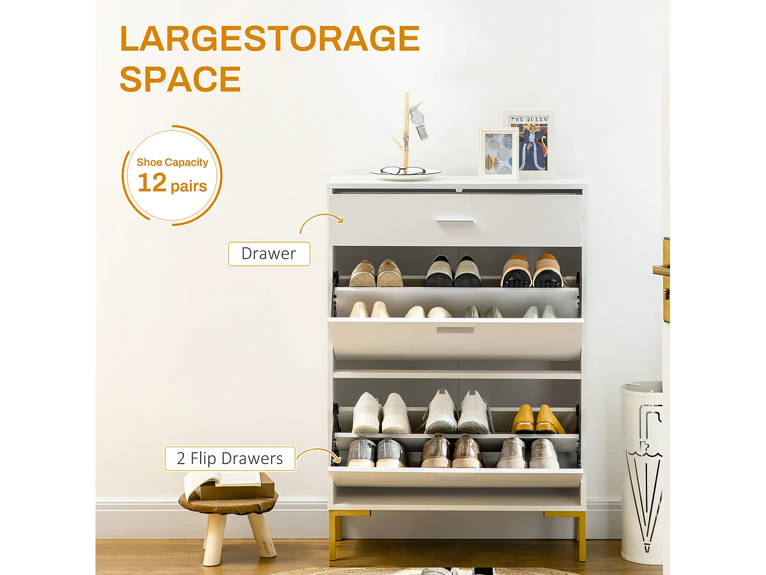 HOMCOM Shoe Storage Cupboard with 2 Flip Doors and Sliding out Drawer, White