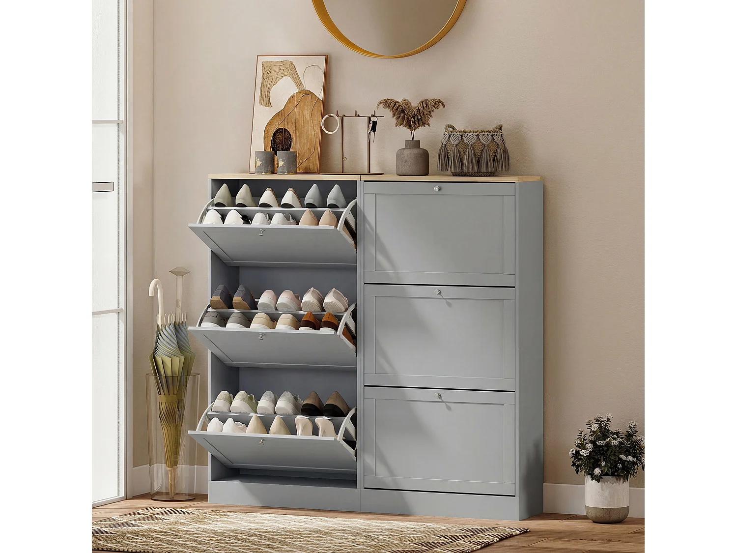 HOMCOM Narrow Shoe Cabinet with 3 Flip Drawers for 12-18 Pairs of Shoes Grey