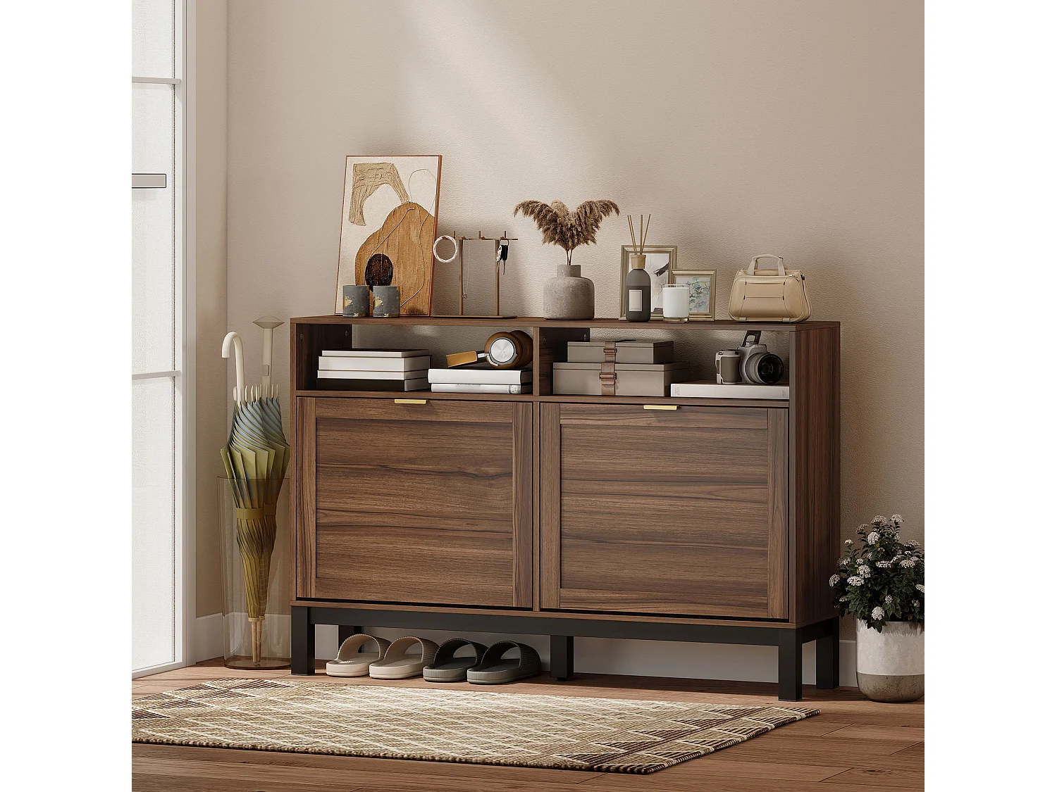 HOMCOM Narrow Shoe Cabinet with 2 Flip Drawers, Modern Shoe Storage Cabinet